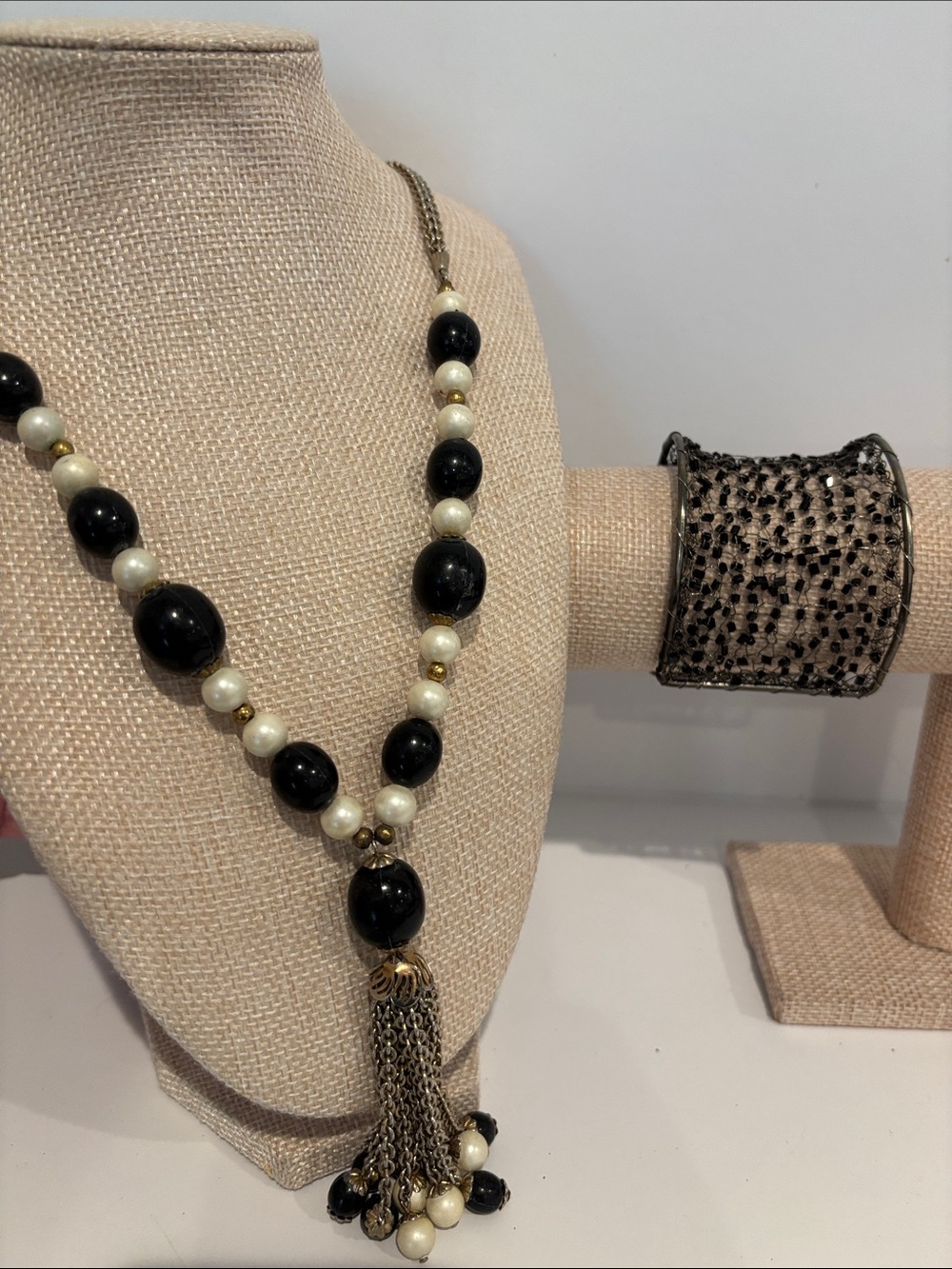Vintage Black & Faux Pearl Beaded Tassel Necklace & Wide Seed Bead Cuff Bracele